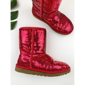 Ugg Classic Sequin Sparkle Boots Short Pink Ruby Red Plush Lining Women's 6